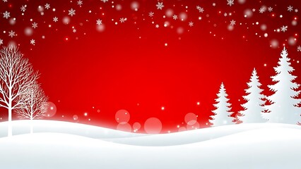 Festive Winter Wonderland Background with White Snowflakes and Stylized Fir Trees on a Vibrant Red Sky
