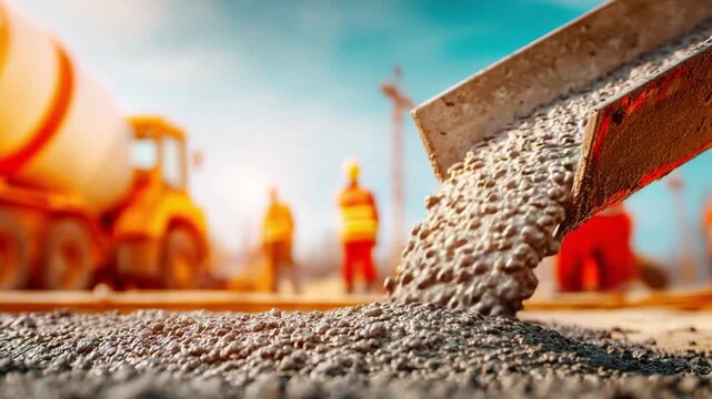Pouring Concrete: A captivating moment from a construction site, where a stream of fresh concrete flows seamlessly onto a surface, a symbol of progress and infrastructural development.