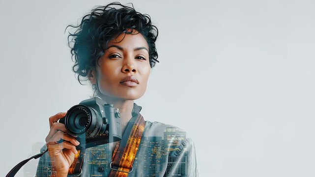 Female photographer with camera poised for action, showcasing focus and intent while capturing urban landscapes, highlighting the artistry of photography in a modern setting with city reflections