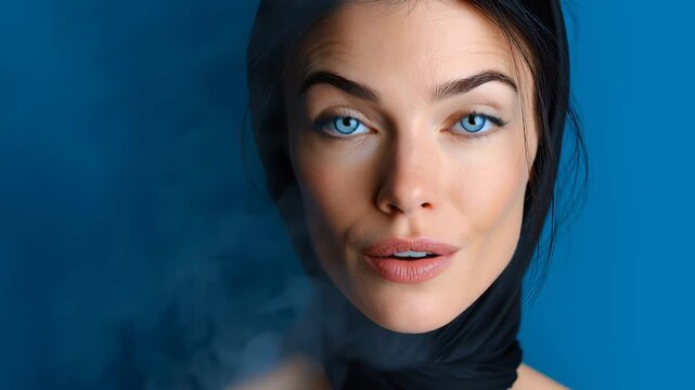 Woman with striking blue eyes transitions from surprise to contemplation and finally to joy, showcasing a dynamic expression change against a vibrant blue background with smoke effects