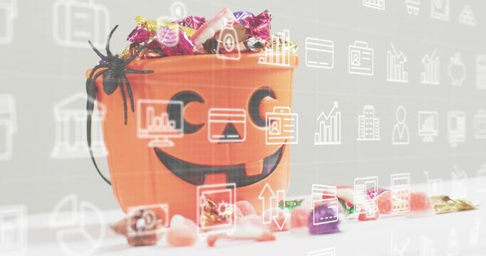 On start white data icons floating over pumpkin bucket while visualizing financial data