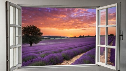 open window looking out into a field of lavender during sunset