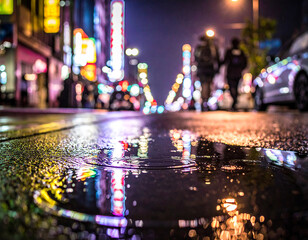 Rainy Night City Street with Reflections of Neon Lights