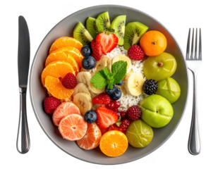 modern plate of fruit bowl with cutlery for iftar, isolated on white background.