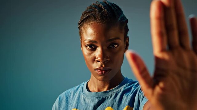 Woman holding up hand in stop gesture with intense expression