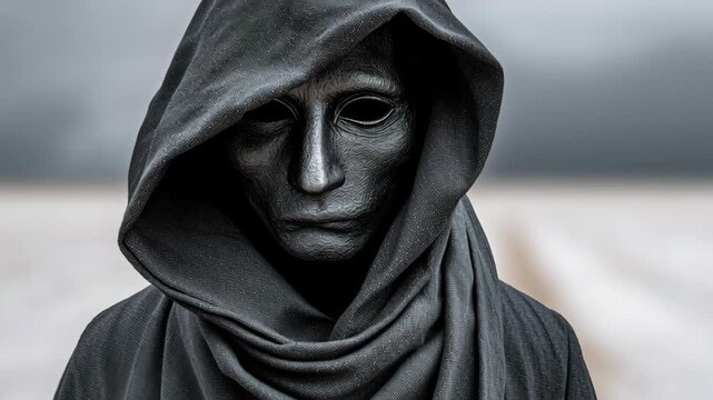 Mysterious figure in dark hooded cloak stands against a blurred landscape, showcasing intricate textures and expressions, capturing the essence of enigmatic presence in a surreal environment