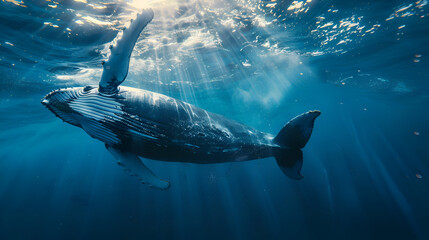 Naklejka premium Majestic humpback whale diving underwater in sunlit ocean scene