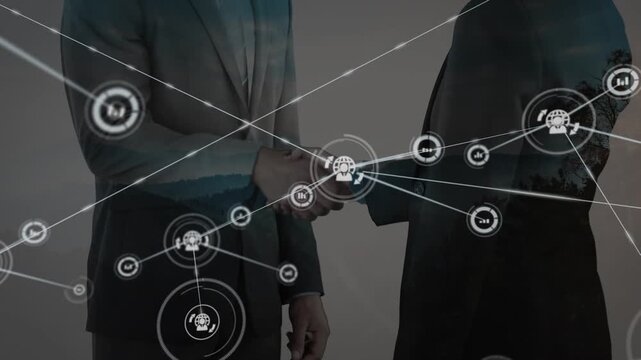 Animation of network of connections with icons over midsection of businesspeople shaking hands