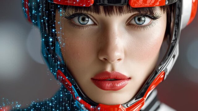 Futuristic female character in helmet with vibrant colors and digital effects showcasing intense gaze and detailed facial features, emphasizing high-tech design and visual clarity in a captivating com