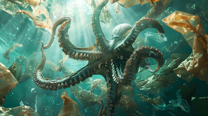 Majestic octopus navigating ocean litter for environmental awareness design