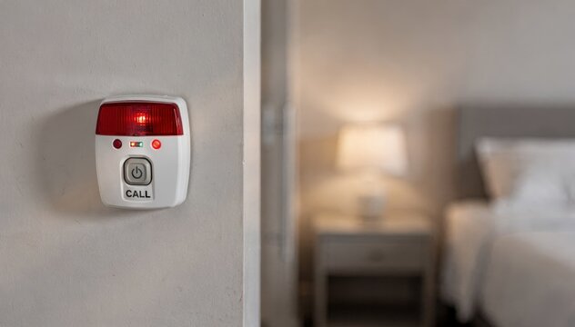 Sharp focus on a strobe alarm and call button combo in a bedroom hallway corner while a nightstand and lamp fade into the background portraying integrated emergency warning