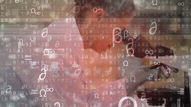 Animation of interference and mathematical symbols over caucasian female scientist in lab