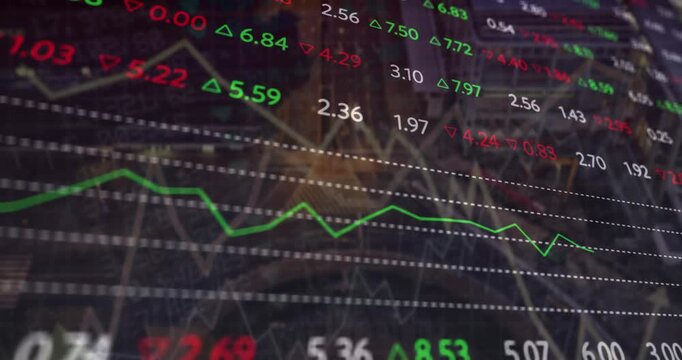 Animation of financial data and graphs over black background