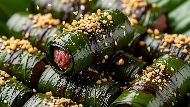 Vietnamese Beef Wrapped in Wild Betel Leaves with Peanuts vietnamese food bo la lot
