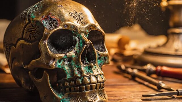 Bronze skull with engraved patterns on rustic wooden desk beside vintage tools