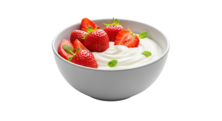 White bowl of creamy yogurt topped with fresh strawberries and mint leaves strawberry fruit