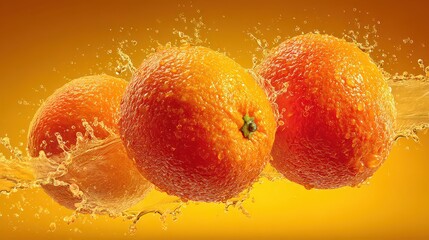 Three Vibrant Oranges Splashed with Sparkling Water Against a Radiant Amber Backdrop in Dynamic Studio Lighting Highlighting Freshness and Texture
