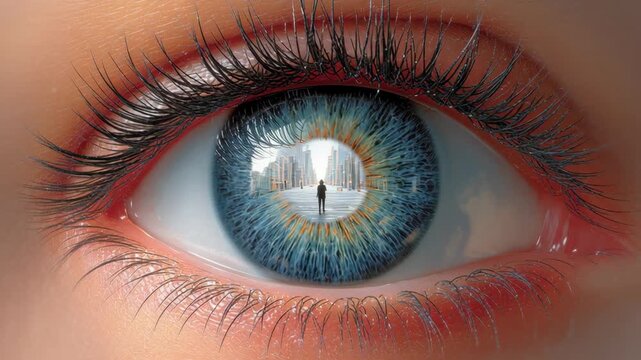 Eye close-up featuring a vibrant iris reflecting a solitary figure standing amidst a cityscape, showcasing intricate details of eyelashes and the vivid colors of the eye's structure