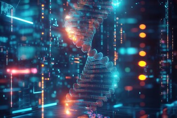 Futuristic digital DNA helix glowing in neon cyberspace, representing data, technology, and innovation