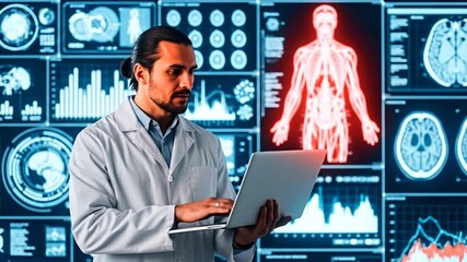 Technological Medical Professional: A focused medical professional, immersed in the digital realm of medical technology, intently studies data and diagrams on his laptop. - Powered by Adobe