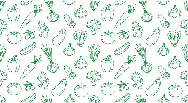 A seamless pattern of various green vegetables and fresh produce