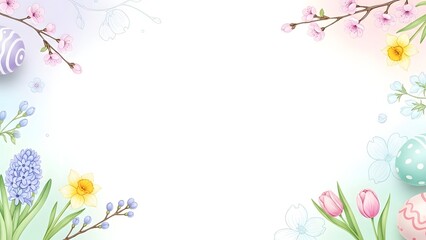 Easter day background with floral border and spring flowers