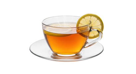 Clear glass cup of amber tea with lemon slices and steam on saucer image