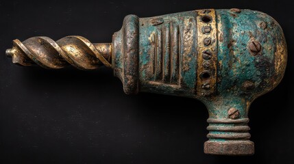 Turquoise and Gold Glitter Covered Drill on Black Background in Dramatic Lighting