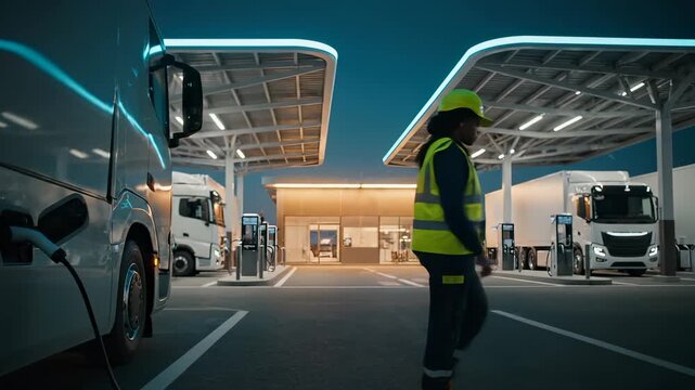 Electric trucks charge at station with solar canopy at night. Trucks park under charging station canopy. Electric vehicle station serves truck fleet. Modern charging depot with solar canopy.