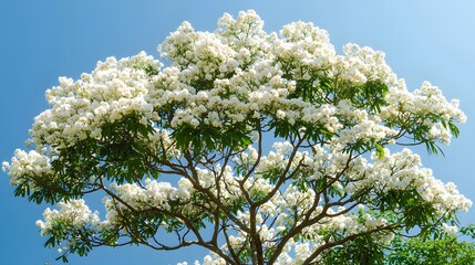 Beautiful flowering tree with white blossoms against blue sky
