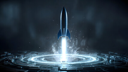 Rocket launches from a glowing digital platform, creating a particle trail