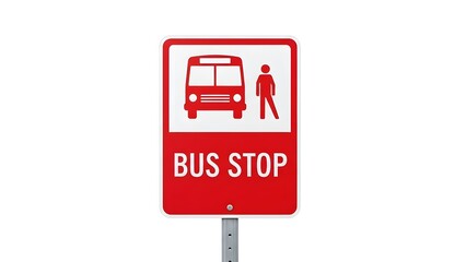 Red bus stop sign with pedestrian and vehicle icons