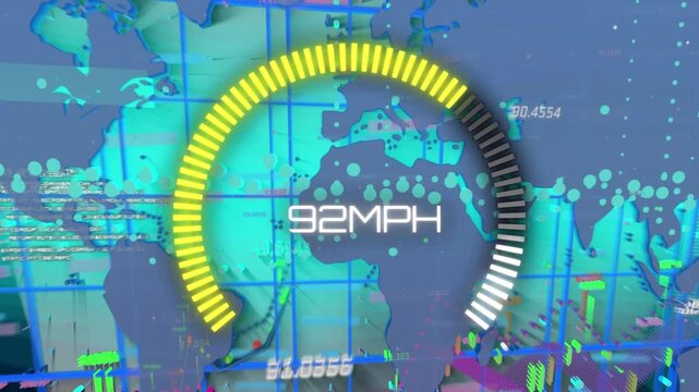 Animation of speedometer over graphs and world map with numbers
