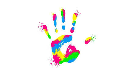 Vibrant multicolored handprint with paint splatters on white background symbolizing creativity and diversity