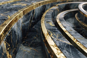 Abstract Close Up of Black Marble with Gold Inlay Concentric Rings in Soft Focus for High End Luxury Aesthetics and Modern Design Projects