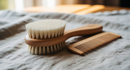 A wooden baby hairbrush with soft goat hair bristles and a small wooden comb resting on a linen cloth. Soft-focus background of a sun-drenched room. Earthy, organic, and premium feel. 