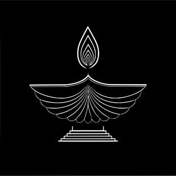 Stylized diya lamp with flame and tiered base rendered in white lines on a black background space