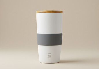 White ceramic travel mug with grey band