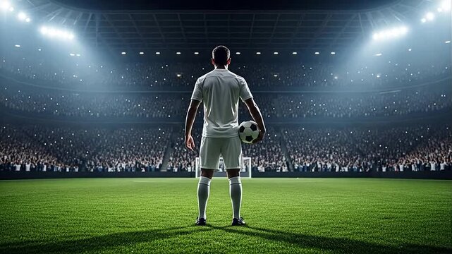 Professional soccer player holding a ball on a stadium field facing a cheering crowd under bright lights