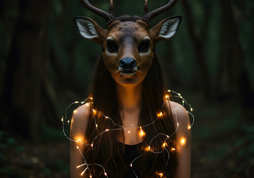 Woman with deer mask in forest