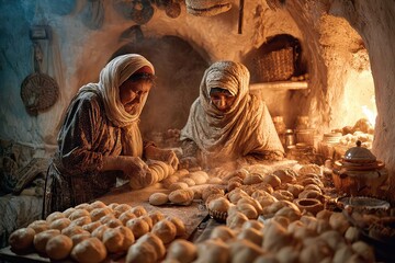 Women baking bread and sweets for Ramadan night