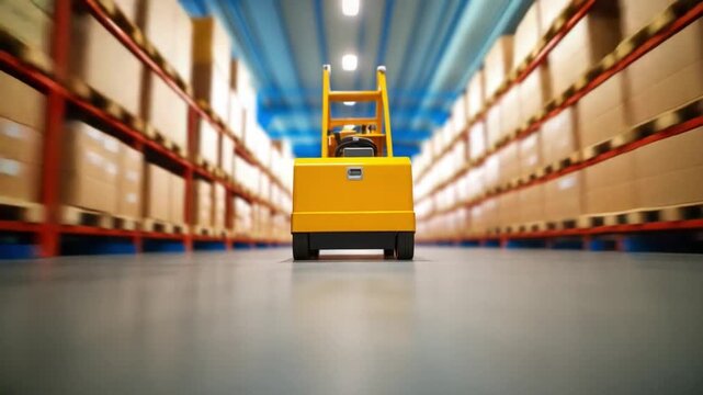 Forklift in Warehouse: The industrial landscape showcases a vibrant yellow forklift navigating through towering stacks of neatly arranged cardboard boxes in a spacious warehouse. 
