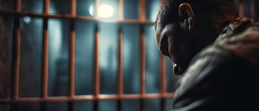 A man is sitting in a prison cell, his head lowered with a blurred background. The cell has iron bars and is lit with a strong focus on detail and atmosphere
