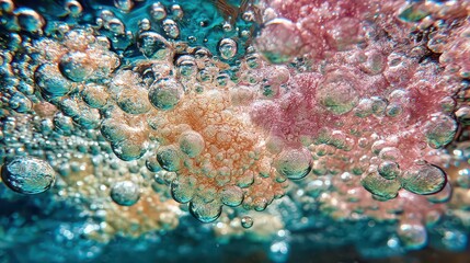 Abstract Underwater View of Pink and Orange Coral with Bubbles in Turquoise Water Close Up Photography