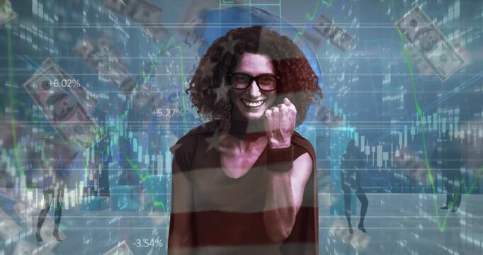 Animation of financial data processing and american dollar bills over caucasian super hero woman