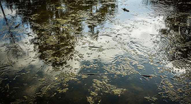 Murky water surface reflection with algae and scum