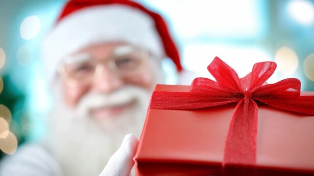 Santa's Gift of Cheer: A festive gift box, wrapped with a vibrant red ribbon, is presented by a benevolent Santa, exuding joy and Christmas cheer.