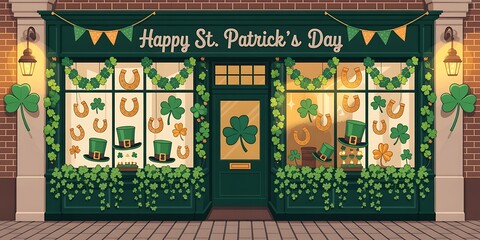 St patrick's day celebration storefront with shamrocks and leprechaun hats