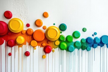 Colorful abstract wall art with layered circular shapes and dripping paint texture. Creative modern background representing creativity, diversity, design, imagination, and artistic expression.