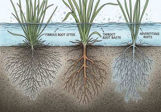 Diagram of plant root systems Fibrous Taproot Adventitious